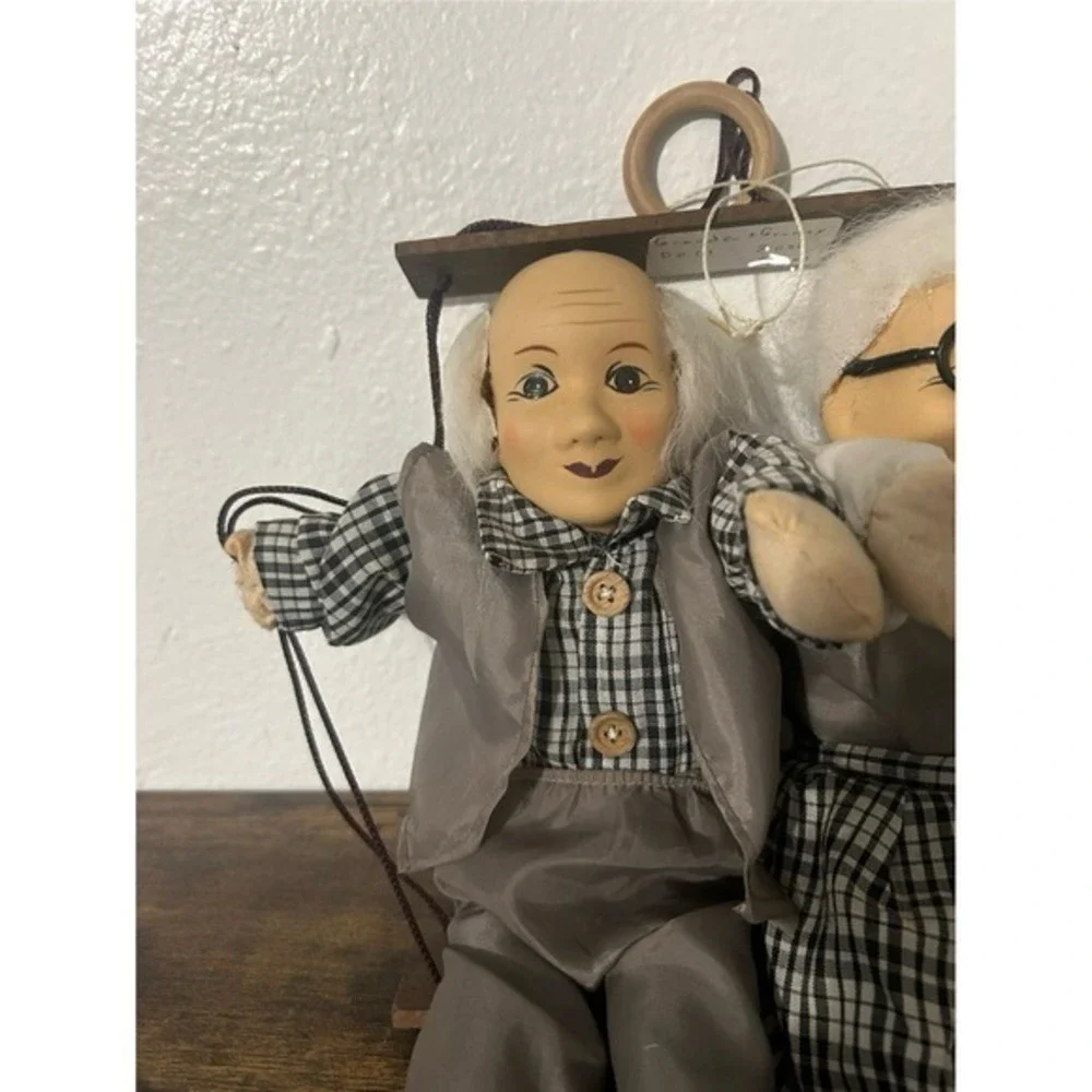 RARE‎ Handmade Dolls Couple Holding Hands In Hanging Swing Vintage